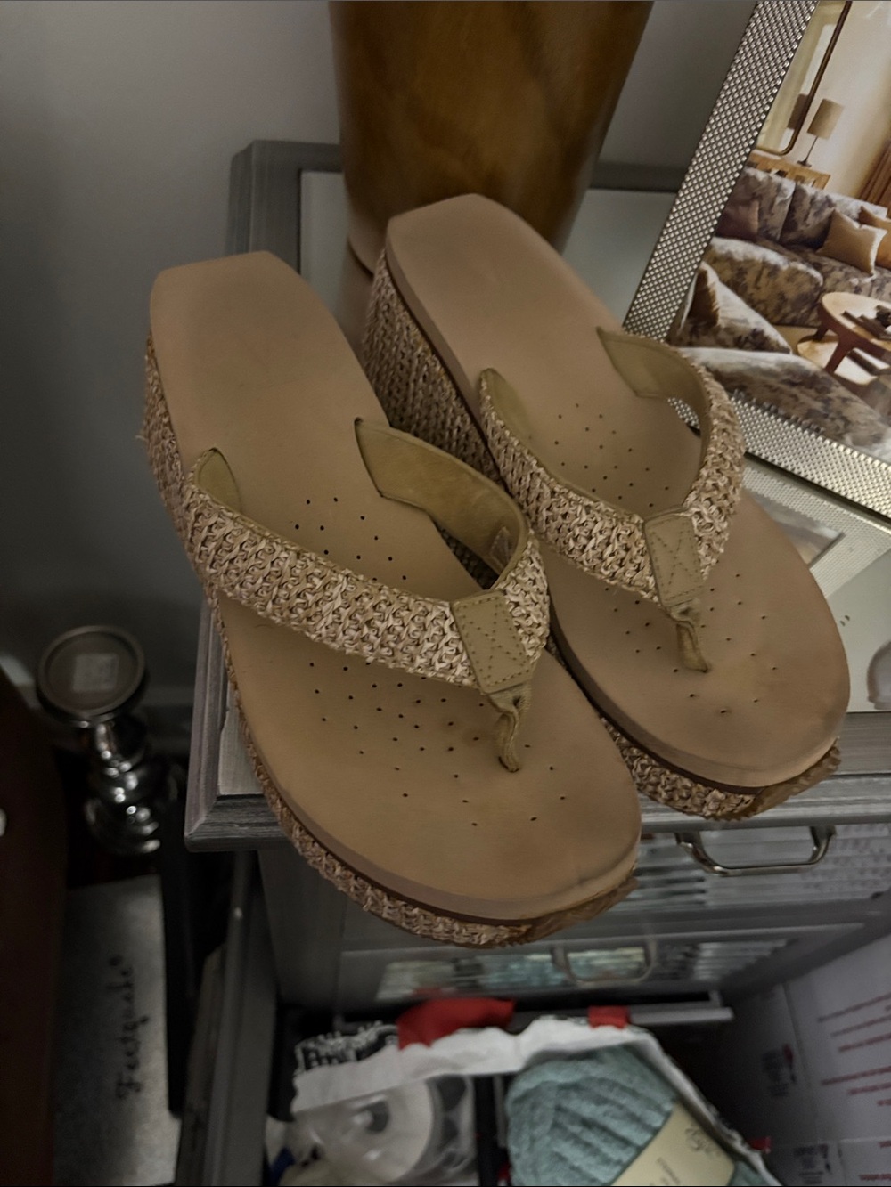 Woven Strap Platform Flip-Flop Sandals in Beige by volatile